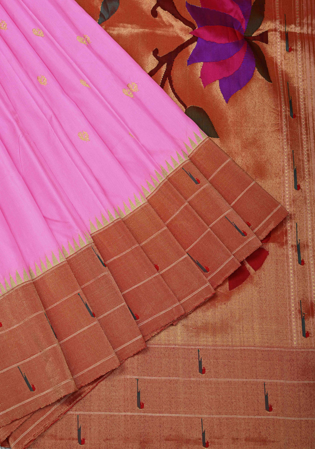 Authentic Bubble gum Pink Yeola Paithani Handloom Silk Saree with Triple Muniya Borders and Peacock Motifs on Pallu | SILK MARK CERTIFIED