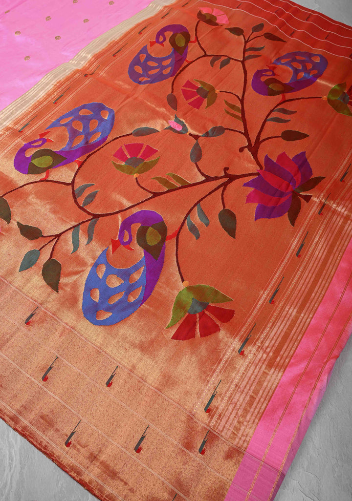Authentic Bubble gum Pink Yeola Paithani Handloom Silk Saree with Triple Muniya Borders and Peacock Motifs on Pallu | SILK MARK CERTIFIED