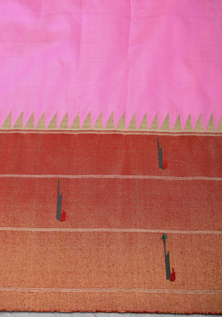 Authentic Bubble gum Pink Yeola Paithani Handloom Silk Saree with Triple Muniya Borders and Peacock Motifs on Pallu | SILK MARK CERTIFIED