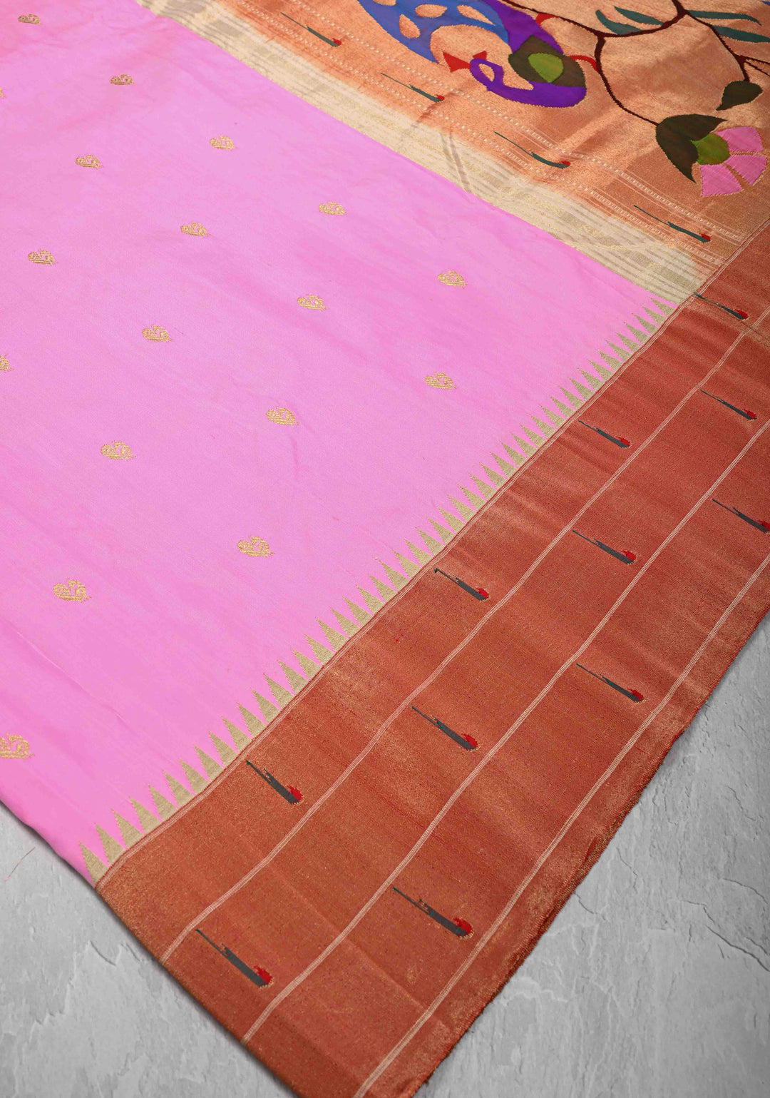 Authentic Bubble gum Pink Yeola Paithani Handloom Silk Saree with Triple Muniya Borders and Peacock Motifs on Pallu | SILK MARK CERTIFIED