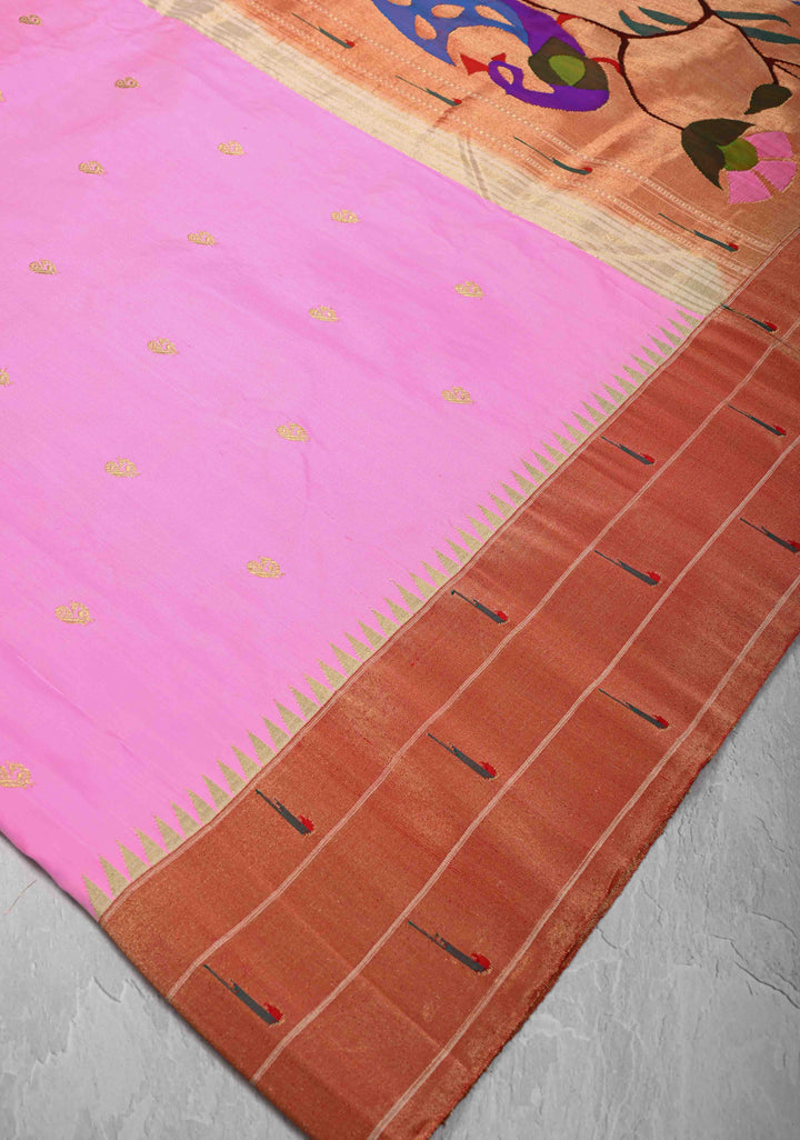 Authentic Bubble gum Pink Yeola Paithani Handloom Silk Saree with Triple Muniya Borders and Peacock Motifs on Pallu | SILK MARK CERTIFIED