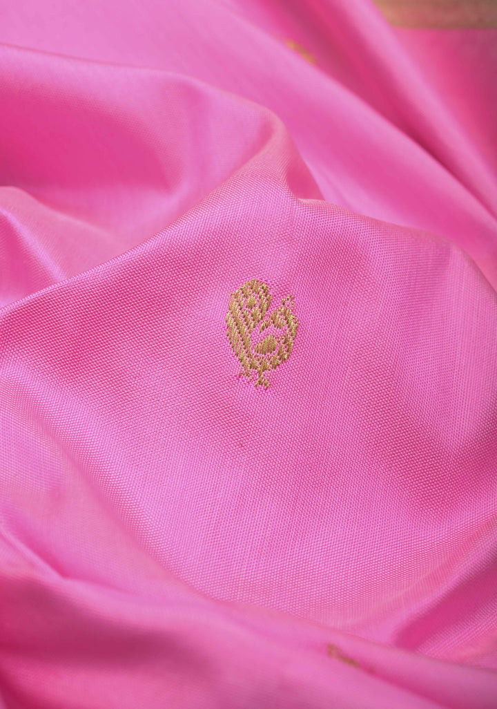 Authentic Bubble gum Pink Yeola Paithani Handloom Silk Saree with Triple Muniya Borders and Peacock Motifs on Pallu | SILK MARK CERTIFIED