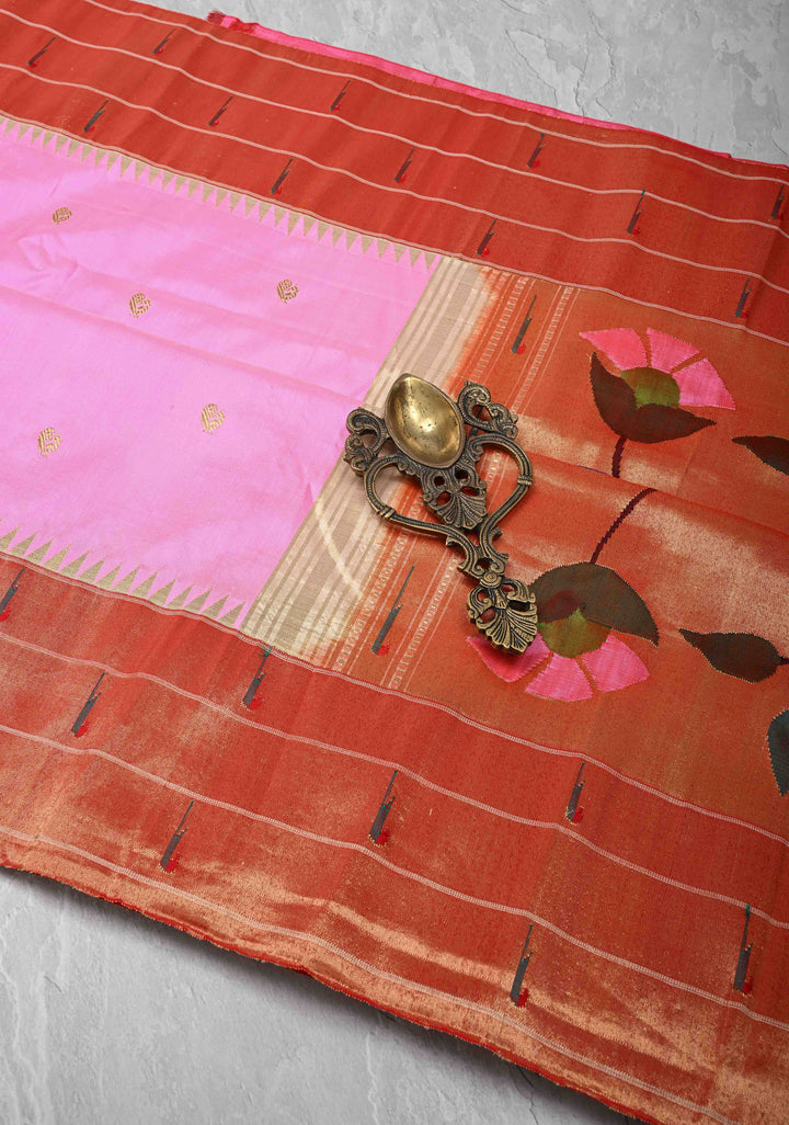 Authentic Bubble gum Pink Yeola Paithani Handloom Silk Saree with Triple Muniya Borders and Peacock Motifs on Pallu | SILK MARK CERTIFIED