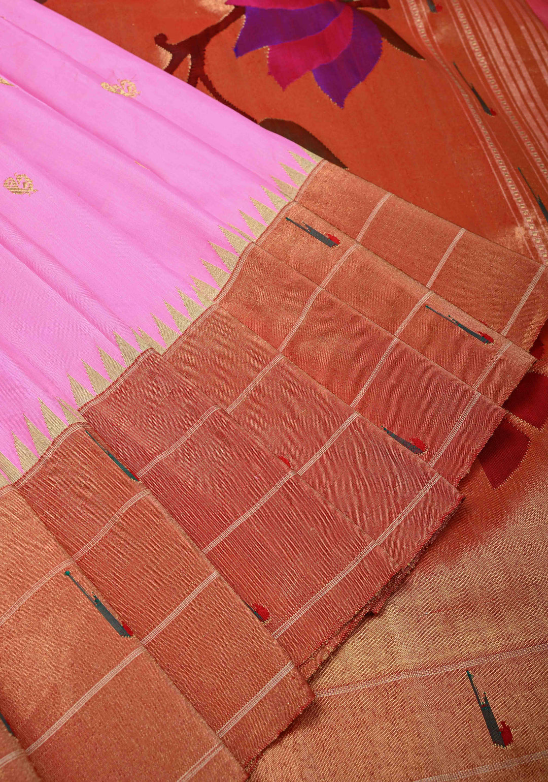 Authentic Bubble gum Pink Yeola Paithani Handloom Silk Saree with Triple Muniya Borders and Peacock Motifs on Pallu | SILK MARK CERTIFIED