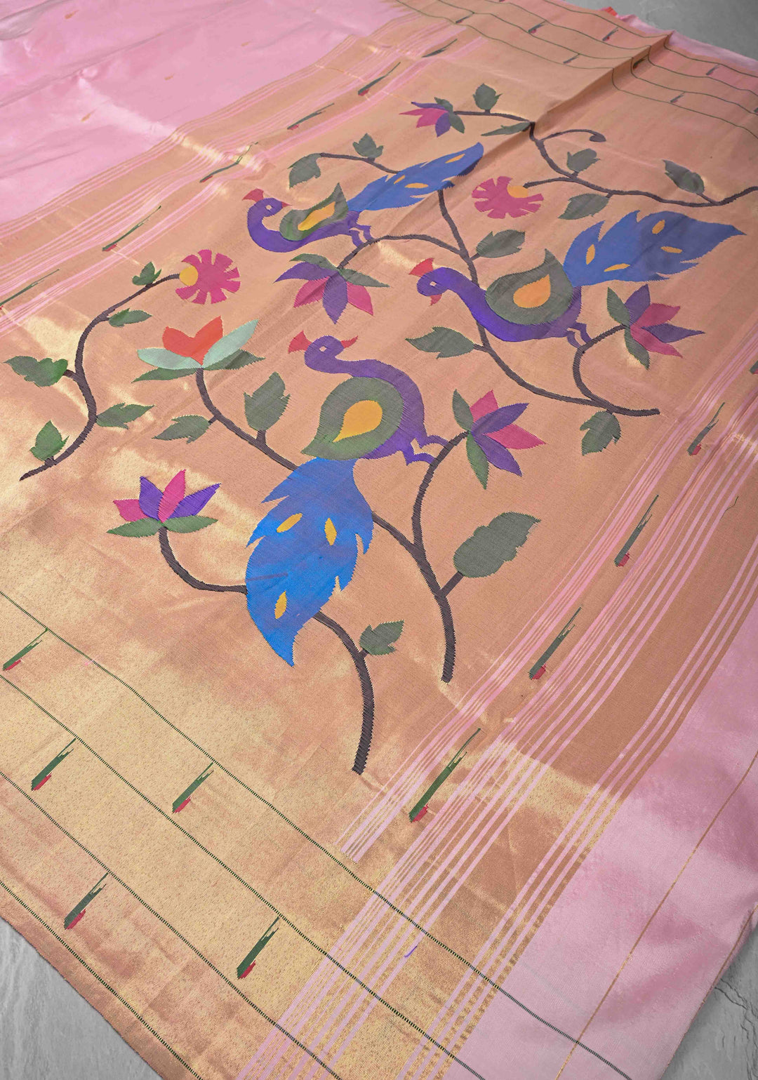 Authentic Baby Pink Yeola Paithani Handloom Silk Saree with Triple Muniya Borders and Peacock Motifs on Pallu | SILK MARK CERTIFIED