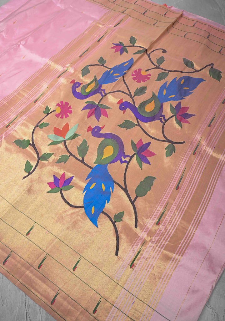 Authentic Baby Pink Yeola Paithani Handloom Silk Saree with Triple Muniya Borders and Peacock Motifs on Pallu | SILK MARK CERTIFIED