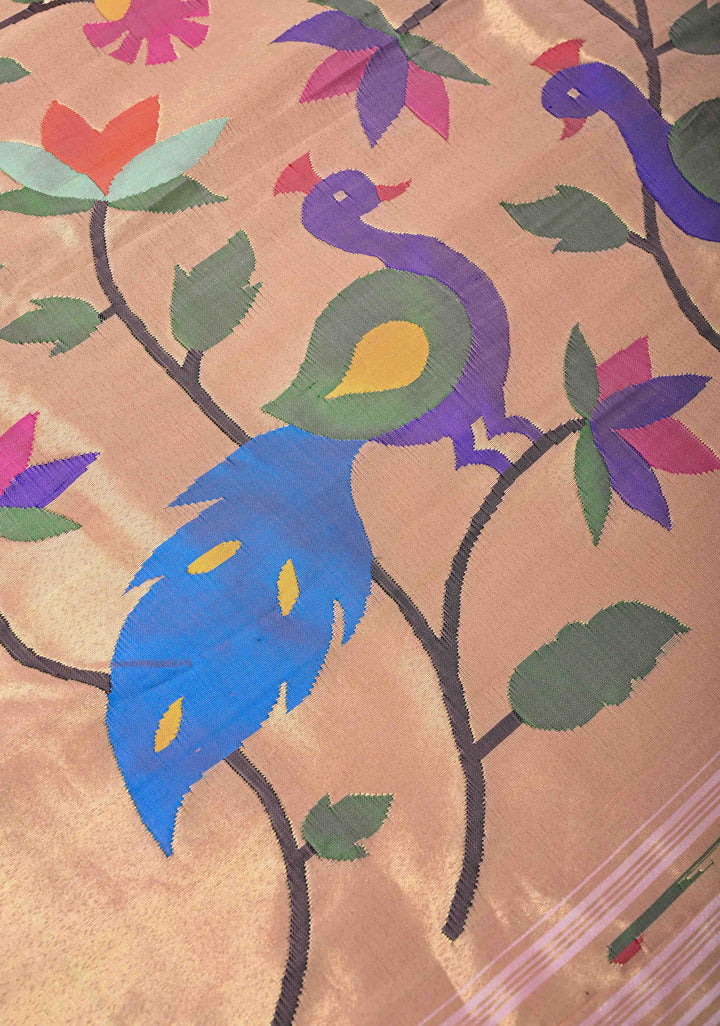 Authentic Baby Pink Yeola Paithani Handloom Silk Saree with Triple Muniya Borders and Peacock Motifs on Pallu | SILK MARK CERTIFIED