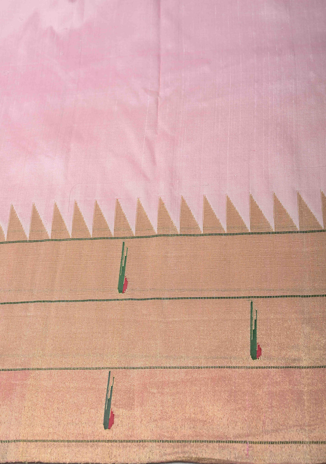 Authentic Baby Pink Yeola Paithani Handloom Silk Saree with Triple Muniya Borders and Peacock Motifs on Pallu | SILK MARK CERTIFIED
