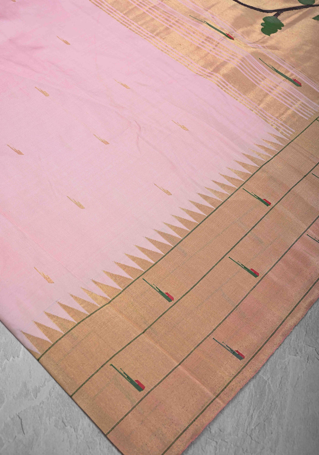 Authentic Baby Pink Yeola Paithani Handloom Silk Saree with Triple Muniya Borders and Peacock Motifs on Pallu | SILK MARK CERTIFIED