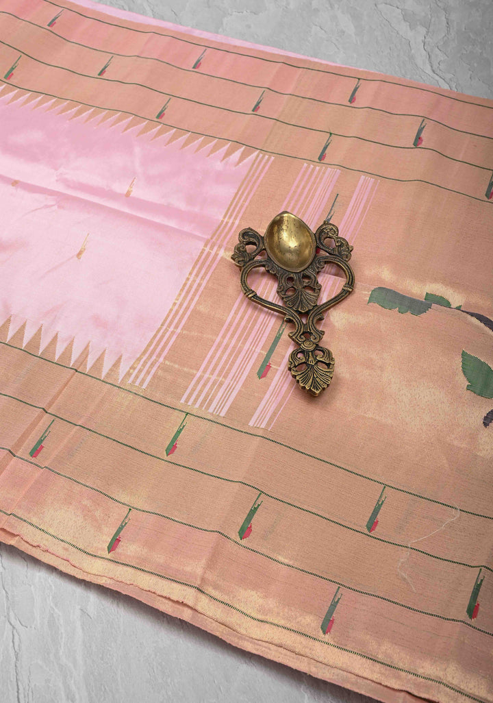 Authentic Baby Pink Yeola Paithani Handloom Silk Saree with Triple Muniya Borders and Peacock Motifs on Pallu | SILK MARK CERTIFIED