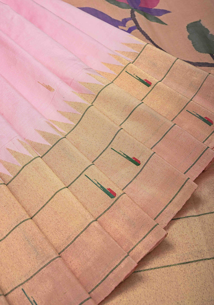 Authentic Baby Pink Yeola Paithani Handloom Silk Saree with Triple Muniya Borders and Peacock Motifs on Pallu | SILK MARK CERTIFIED