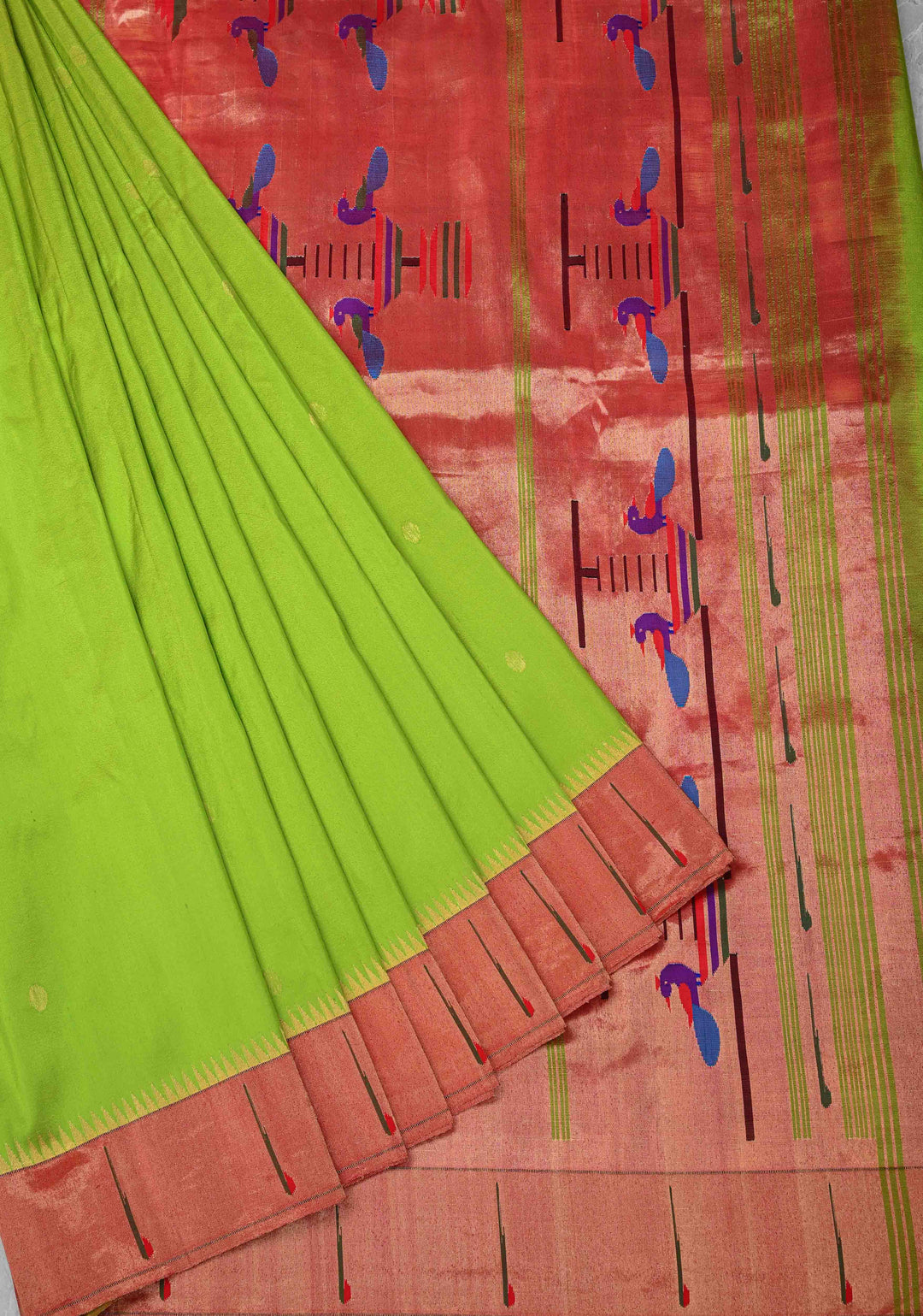 Pre Order Authentic Chartreuse Yeola Paithani Handloom Silk Saree with Single Muniya Borders and Peacock Motifs on Pallu  | SILK MARK CERTIFIED
