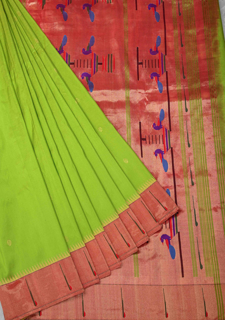 Pre Order Authentic Chartreuse Yeola Paithani Handloom Silk Saree with Single Muniya Borders and Peacock Motifs on Pallu  | SILK MARK CERTIFIED