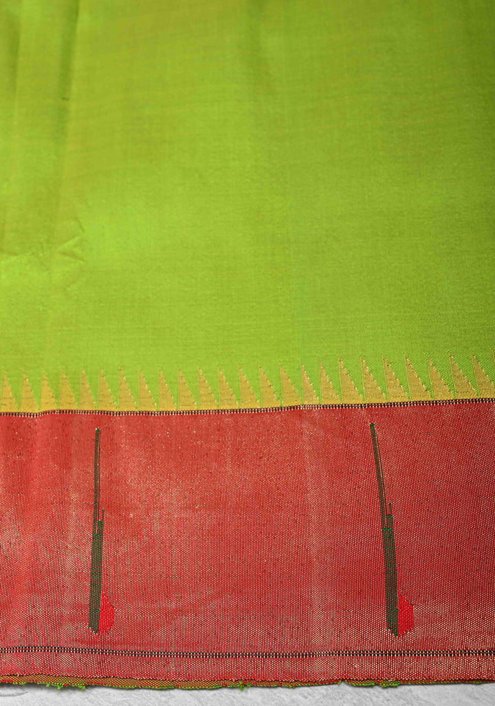 Pre Order Authentic Chartreuse Yeola Paithani Handloom Silk Saree with Single Muniya Borders and Peacock Motifs on Pallu  | SILK MARK CERTIFIED