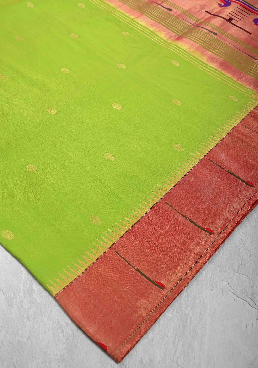 Pre Order Authentic Chartreuse Yeola Paithani Handloom Silk Saree with Single Muniya Borders and Peacock Motifs on Pallu  | SILK MARK CERTIFIED