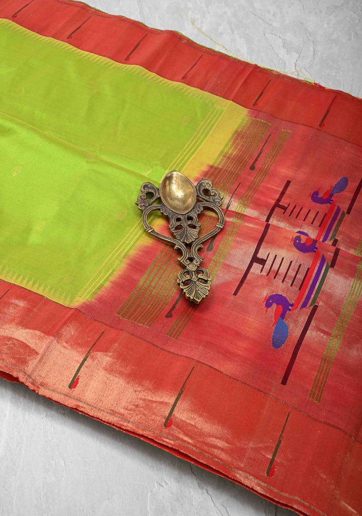 Pre Order Authentic Chartreuse Yeola Paithani Handloom Silk Saree with Single Muniya Borders and Peacock Motifs on Pallu  | SILK MARK CERTIFIED