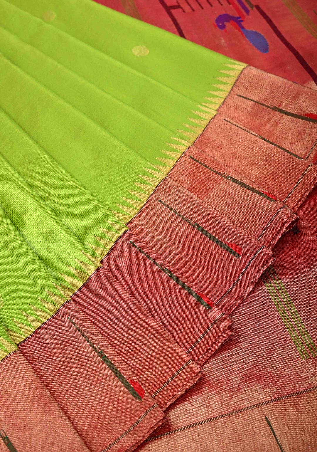 Pre Order Authentic Chartreuse Yeola Paithani Handloom Silk Saree with Single Muniya Borders and Peacock Motifs on Pallu  | SILK MARK CERTIFIED