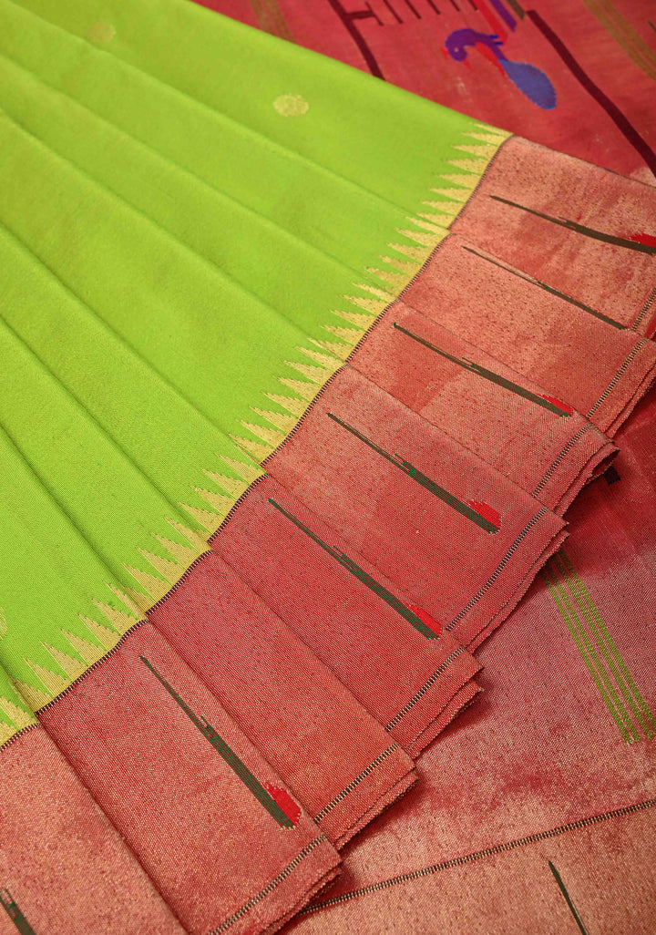 Pre Order Authentic Chartreuse Yeola Paithani Handloom Silk Saree with Single Muniya Borders and Peacock Motifs on Pallu  | SILK MARK CERTIFIED