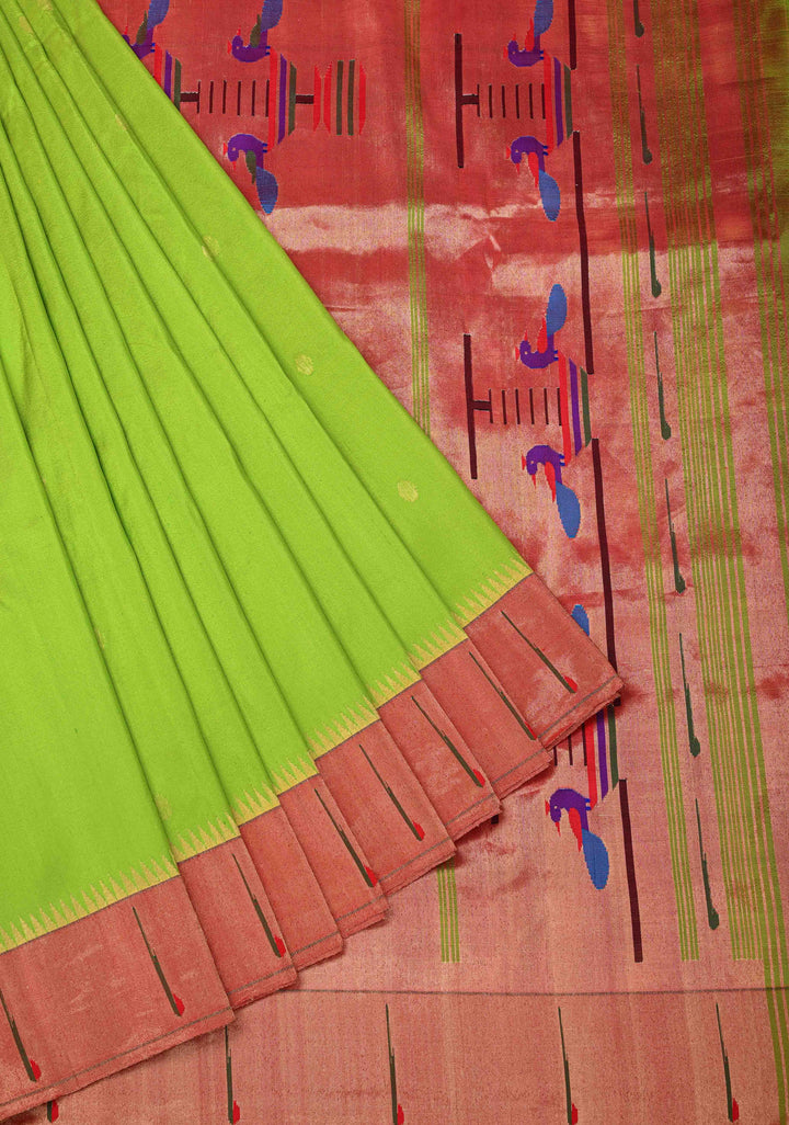 Pre Order Authentic Chartreuse Yeola Paithani Handloom Silk Saree with Single Muniya Borders and Peacock Motifs on Pallu  | SILK MARK CERTIFIED