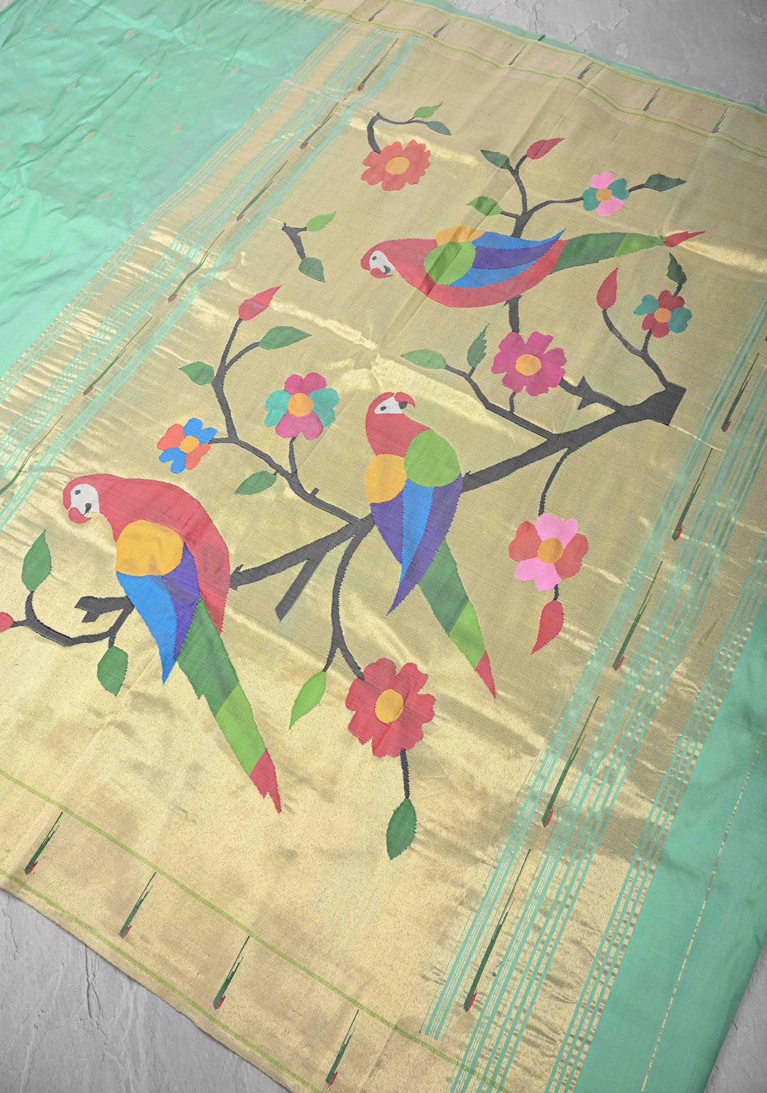 Authentic Mint Green Yeola Paithani Handloom Silk Saree with Single Muniya Borders and African Parrot Motifs on Pallu | SILK MARK CERTIFIED