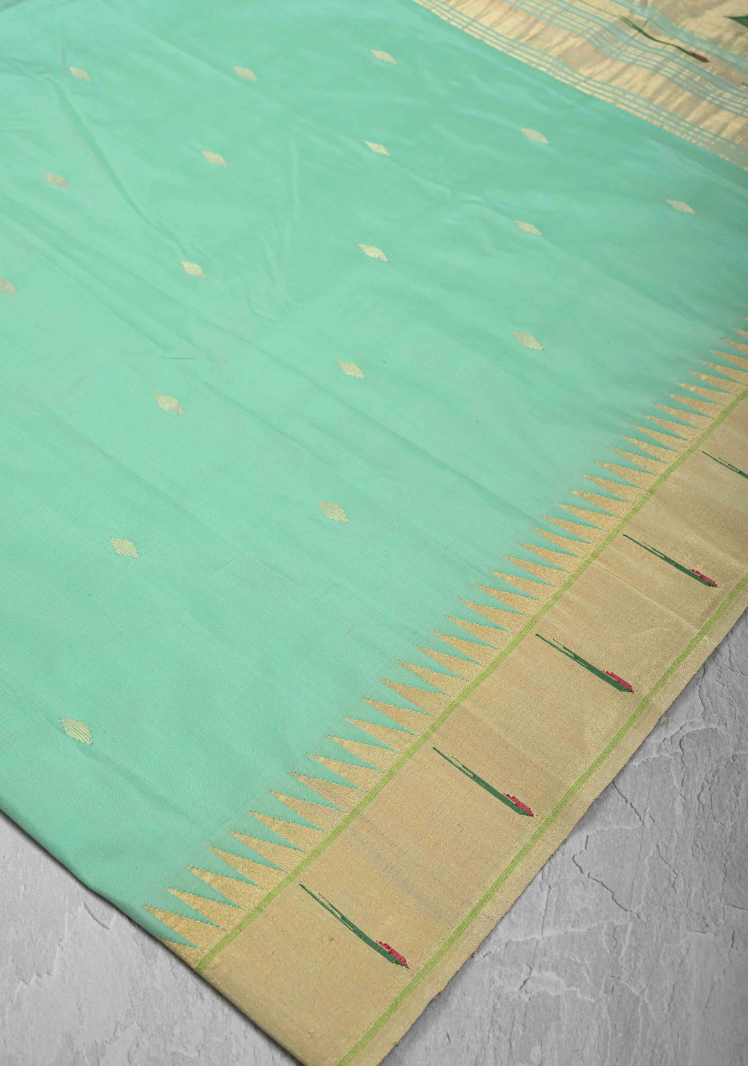 Authentic Mint Green Yeola Paithani Handloom Silk Saree with Single Muniya Borders and African Parrot Motifs on Pallu | SILK MARK CERTIFIED