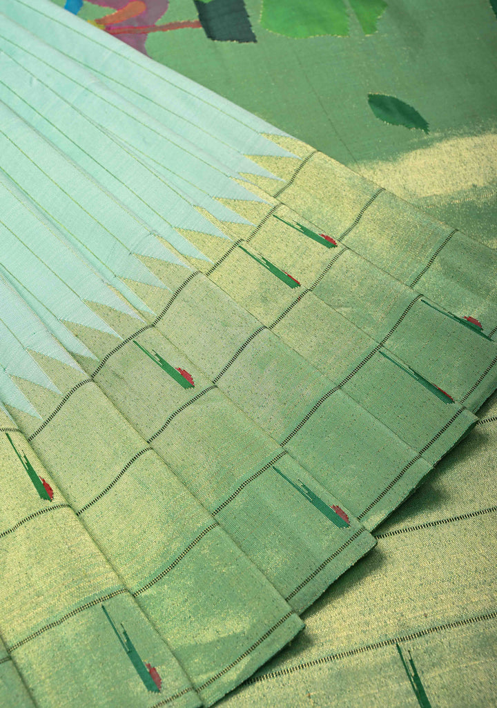 Authentic Mint Green Yeola Paithani Handloom Silk Saree with Coin Motifs Triple Muniya Borders and Radha Krishna Motifs on Pallu | SILK MARK CERTIFIED | SHOBITAM