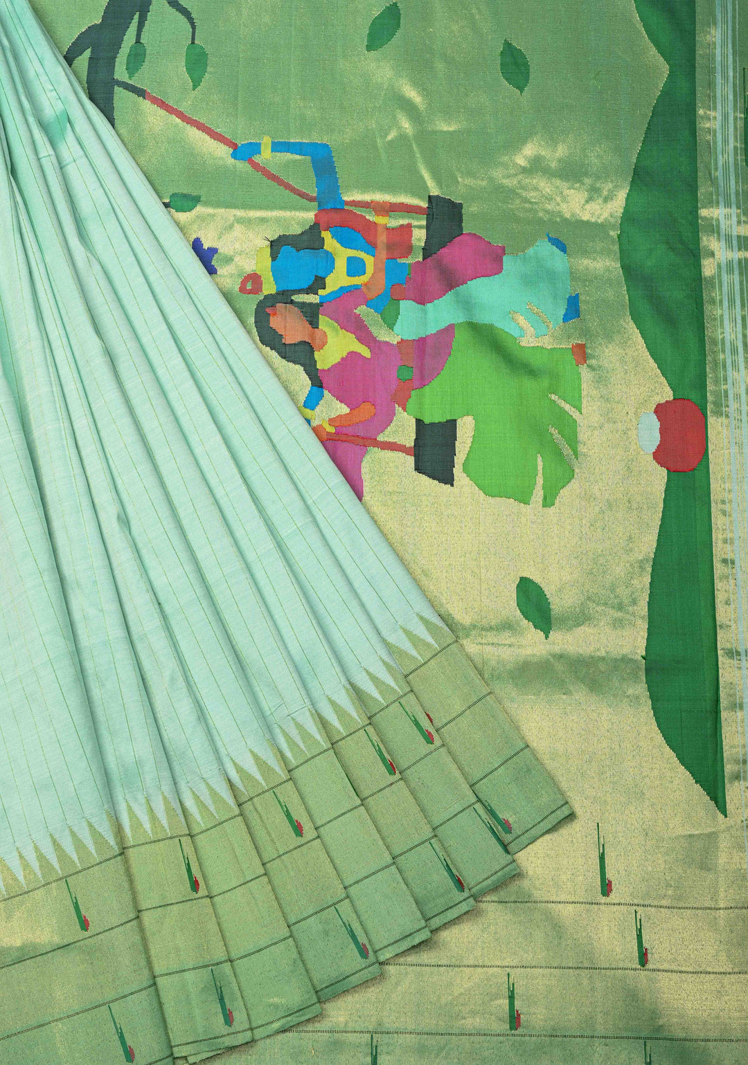 Authentic Mint Green Yeola Paithani Handloom Silk Saree with Vertical Stripes and Triple Muniya Borders and Radha Krishna Motifs on Pallu | SILK MARK CERTIFIED