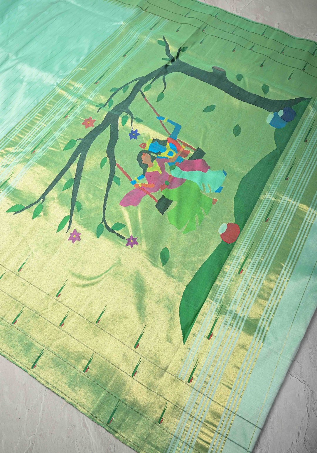 Authentic Mint Green Yeola Paithani Handloom Silk Saree with Coin Motifs Triple Muniya Borders and Radha Krishna Motifs on Pallu | SILK MARK CERTIFIED | SHOBITAM