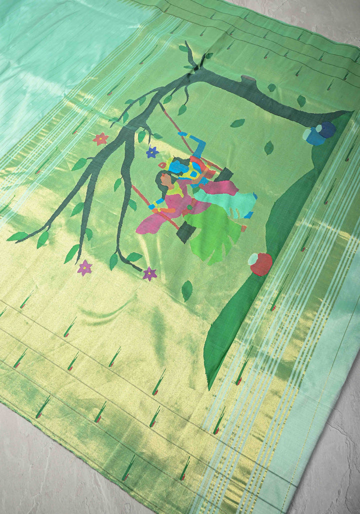 Authentic Mint Green Yeola Paithani Handloom Silk Saree with Coin Motifs Triple Muniya Borders and Radha Krishna Motifs on Pallu | SILK MARK CERTIFIED | SHOBITAM