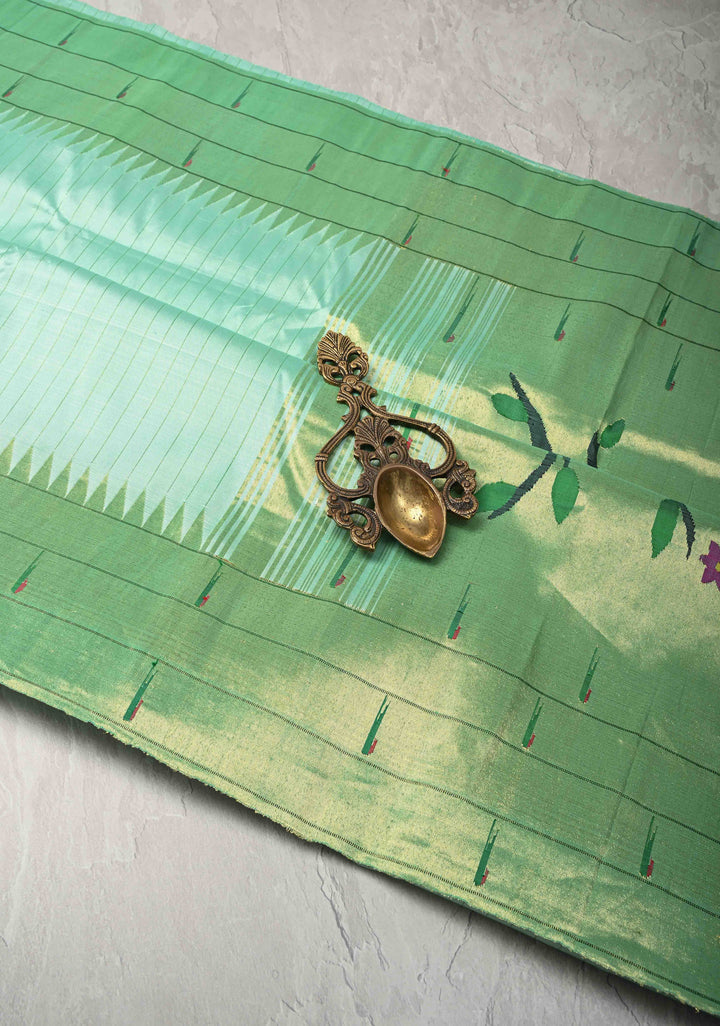 Authentic Mint Green Yeola Paithani Handloom Silk Saree with Coin Motifs Triple Muniya Borders and Radha Krishna Motifs on Pallu | SILK MARK CERTIFIED | SHOBITAM