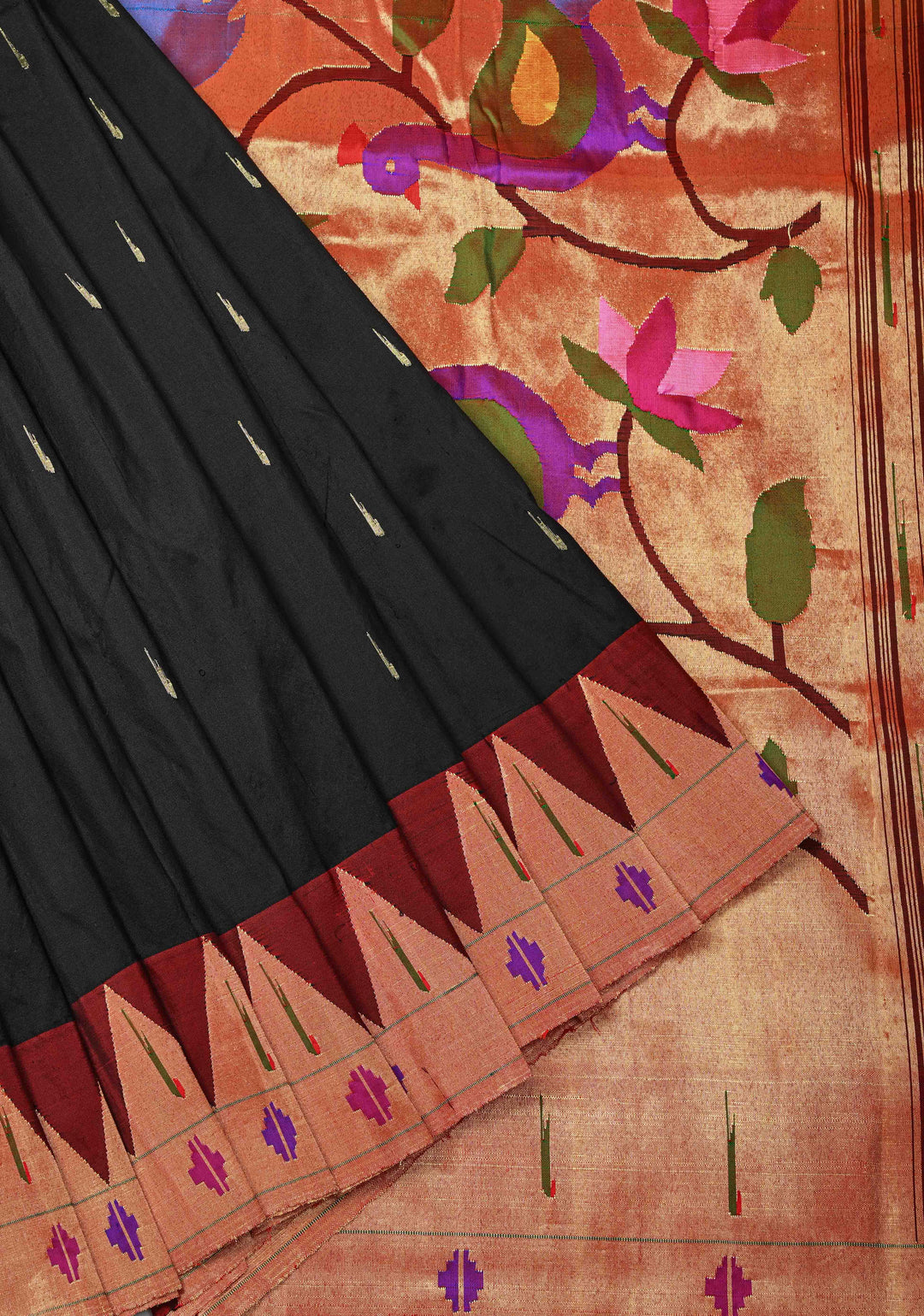 Pre-Order Authentic Black Yeola Paithani Handloom Silk Saree with Zari Butta and Single Muniya Borders and Peacock motif on Pallu | SILK MARK CERTIFIED