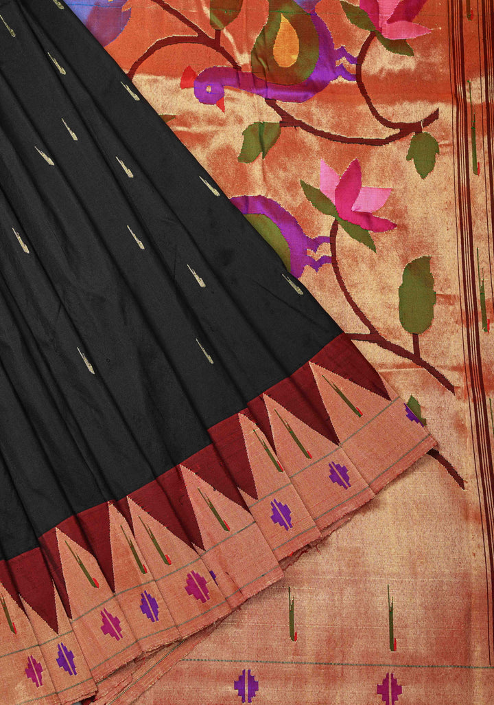 Pre-Order Authentic Black Yeola Paithani Handloom Silk Saree with Zari Butta and Single Muniya Borders and Peacock motif on Pallu | SILK MARK CERTIFIED