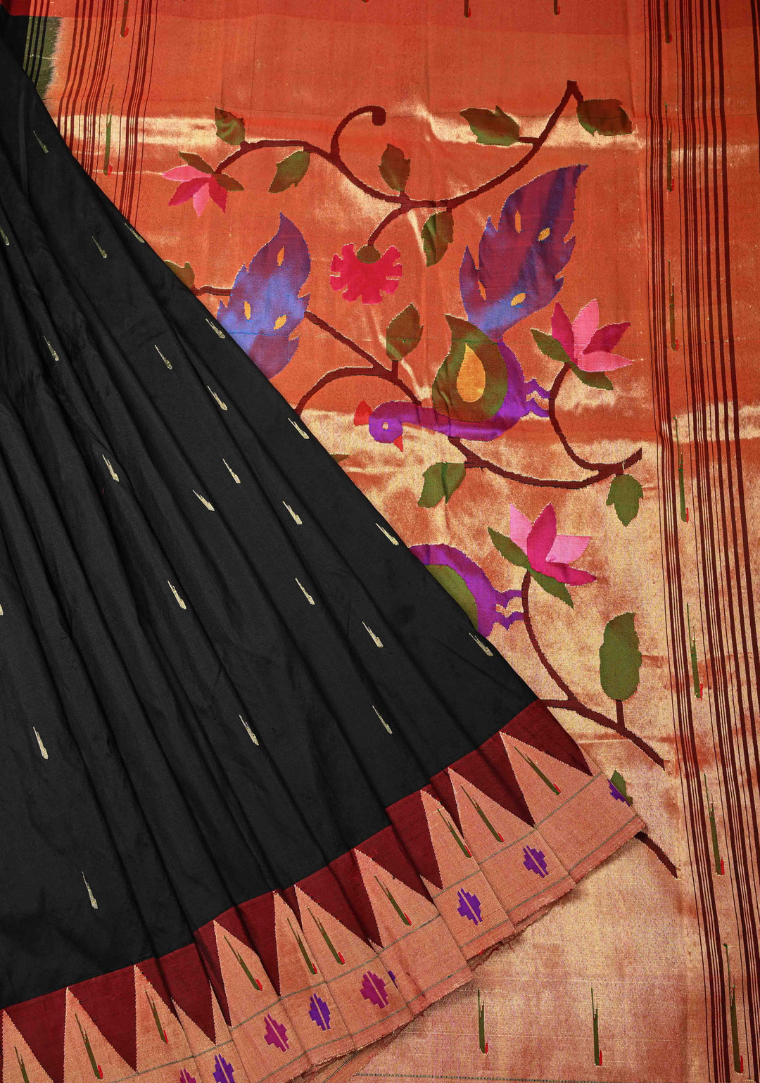 Pre-Order Authentic Black Yeola Paithani Handloom Silk Saree with Zari Butta and Single Muniya Borders and Peacock motif on Pallu | SILK MARK CERTIFIED