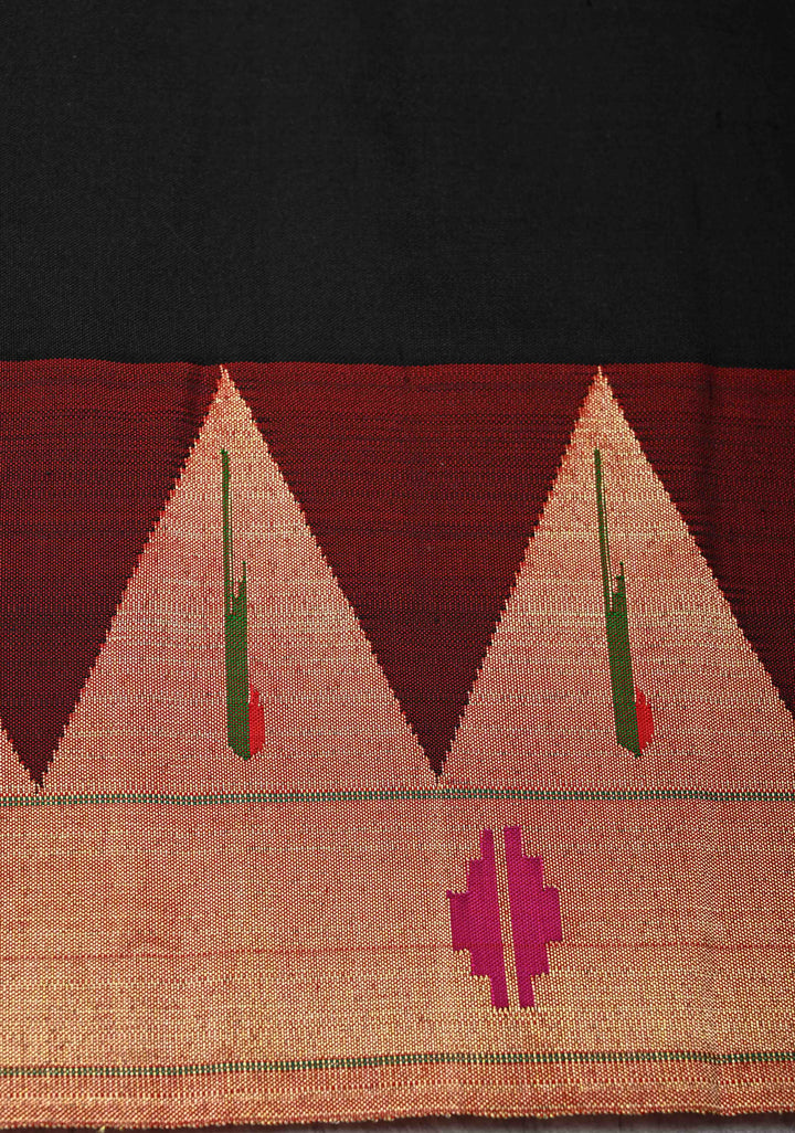 Pre-Order Authentic Black Yeola Paithani Handloom Silk Saree with Zari Butta and Single Muniya Borders and Peacock motif on Pallu | SILK MARK CERTIFIED