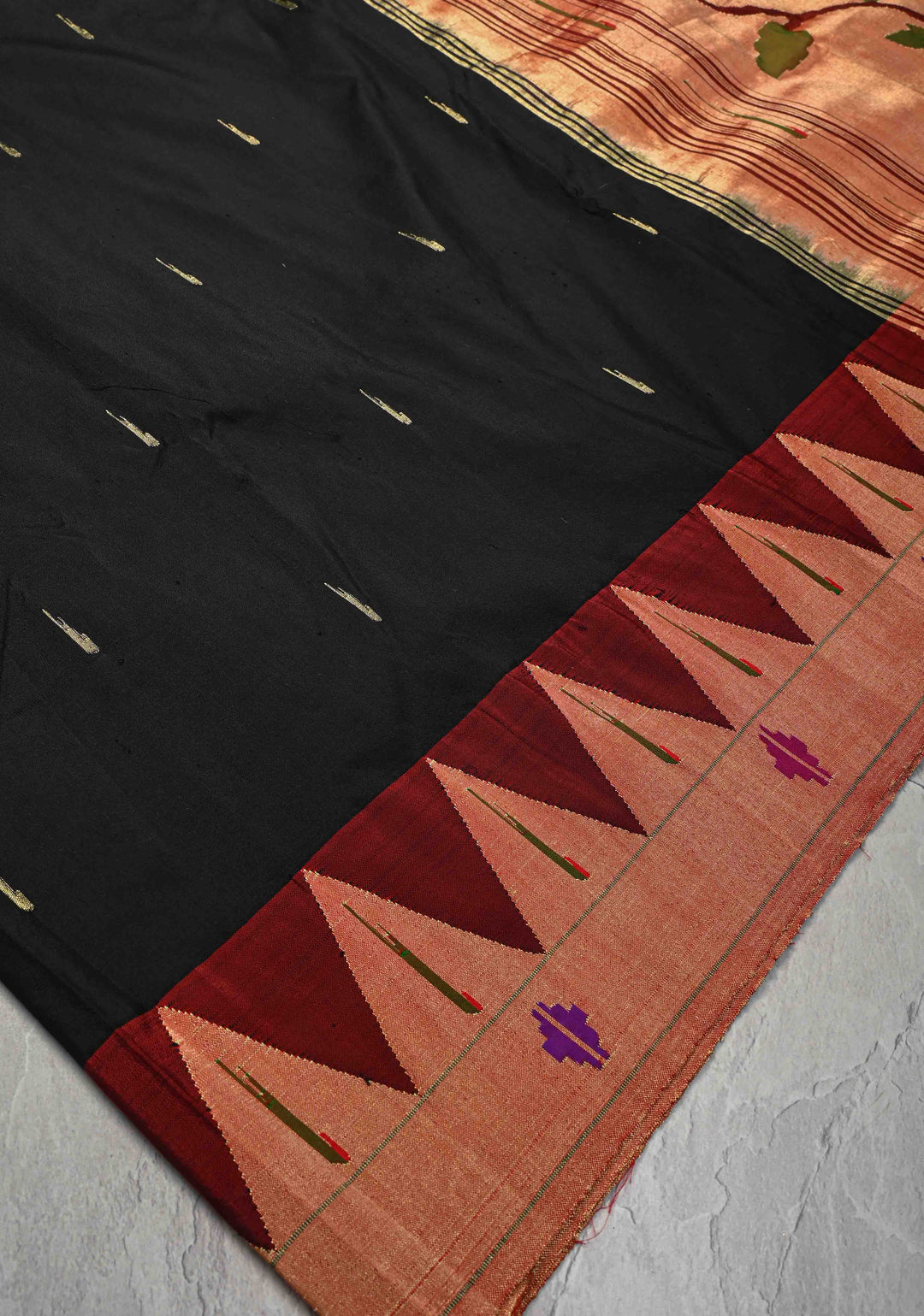 Pre-Order Authentic Black Yeola Paithani Handloom Silk Saree with Zari Butta and Single Muniya Borders and Peacock motif on Pallu | SILK MARK CERTIFIED