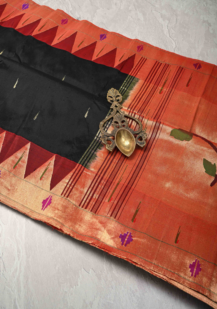 Pre-Order Authentic Black Yeola Paithani Handloom Silk Saree with Zari Butta and Single Muniya Borders and Peacock motif on Pallu | SILK MARK CERTIFIED