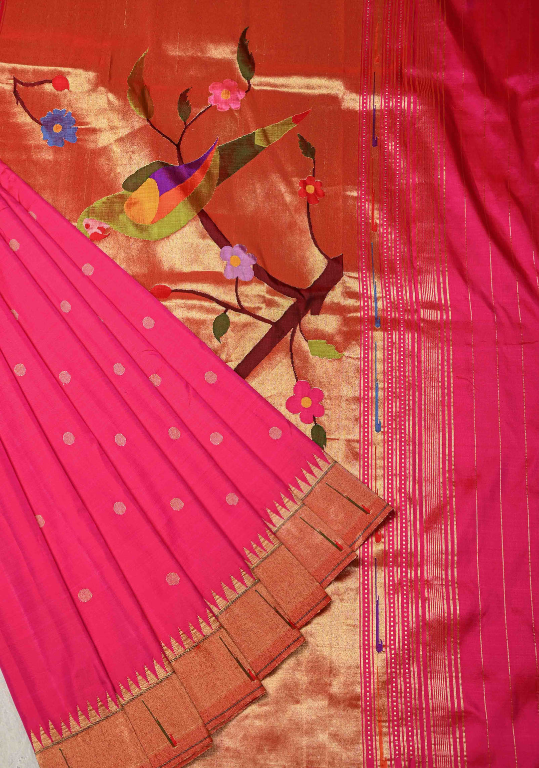 Pre-Order Authentic Pink Yeola Paithani Handloom Silk Saree with Single Muniya Borders and African Parrot Motifs on Pallu | SILK MARK CERTIFIED