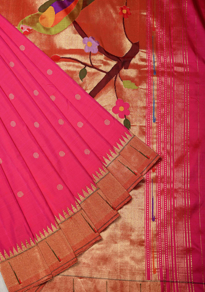 Pre-Order Authentic Pink Yeola Paithani Handloom Silk Saree with Single Muniya Borders and African Parrot Motifs on Pallu | SILK MARK CERTIFIED