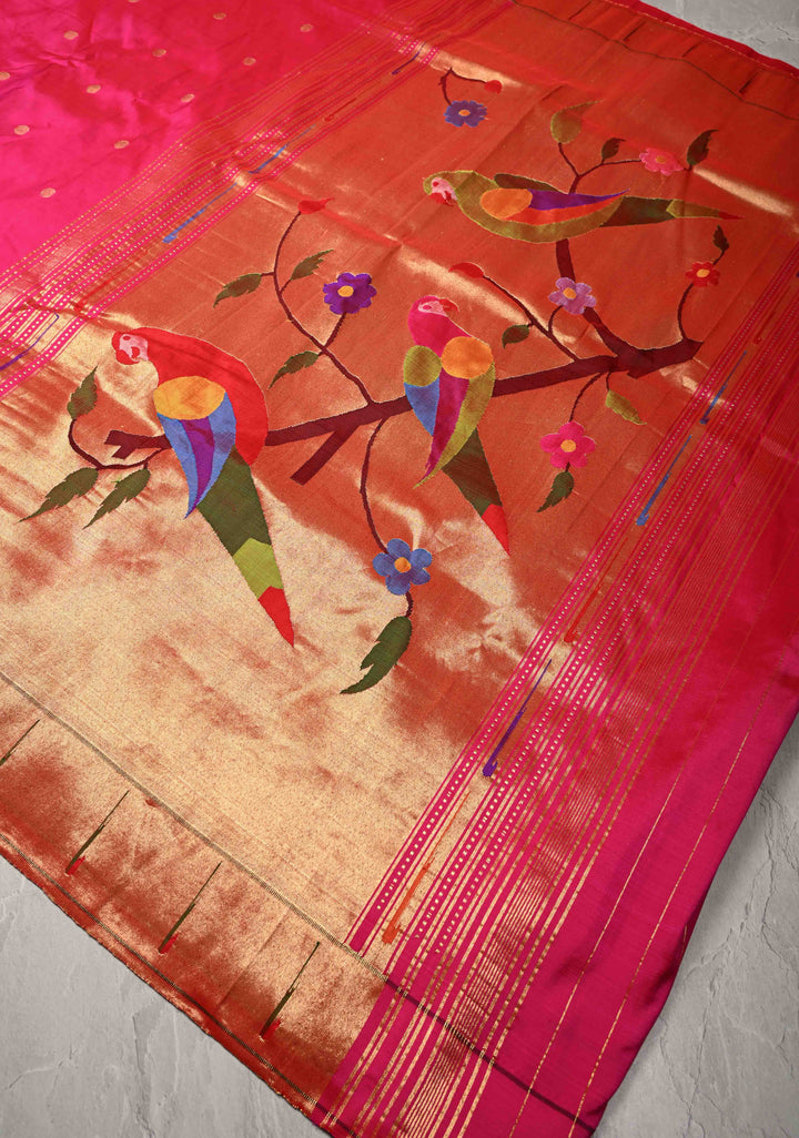 Pre-Order Authentic Pink Yeola Paithani Handloom Silk Saree with Single Muniya Borders and African Parrot Motifs on Pallu | SILK MARK CERTIFIED