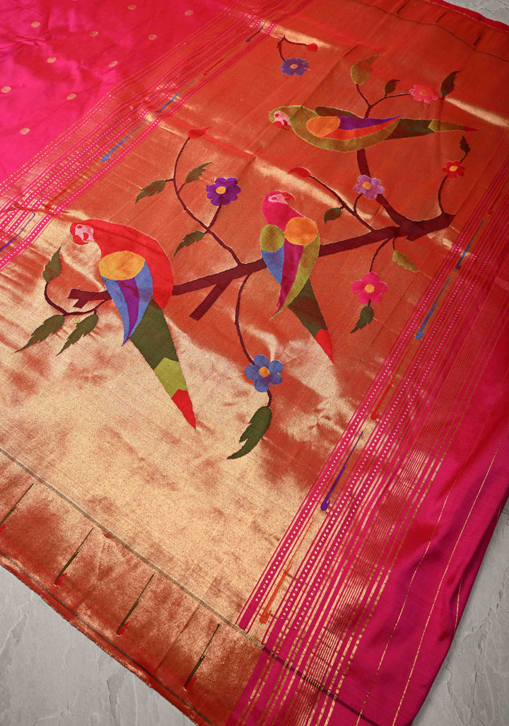 Pre-Order Authentic Pink Yeola Paithani Handloom Silk Saree with Single Muniya Borders and African Parrot Motifs on Pallu | SILK MARK CERTIFIED