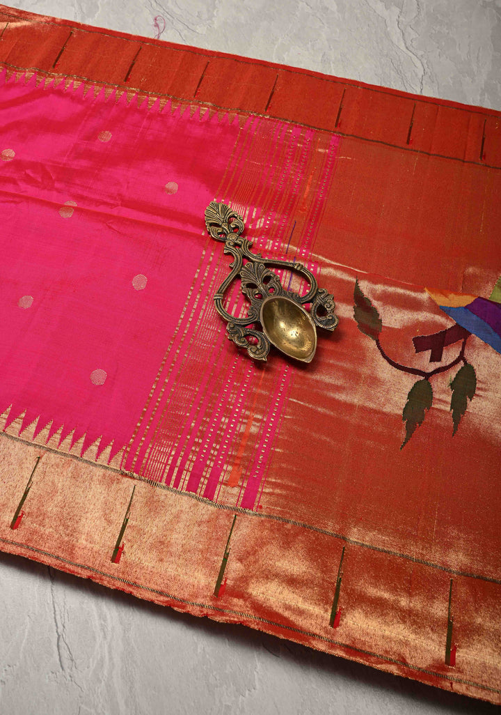 Pre-Order Authentic Pink Yeola Paithani Handloom Silk Saree with Single Muniya Borders and African Parrot Motifs on Pallu | SILK MARK CERTIFIED