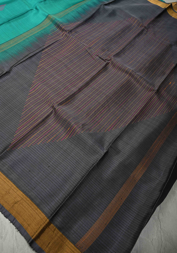 Sea Green Handloom Pure Silk Saree With Meenakari Thread Buttas and Zari Border | SILK MARK CERTIFIED