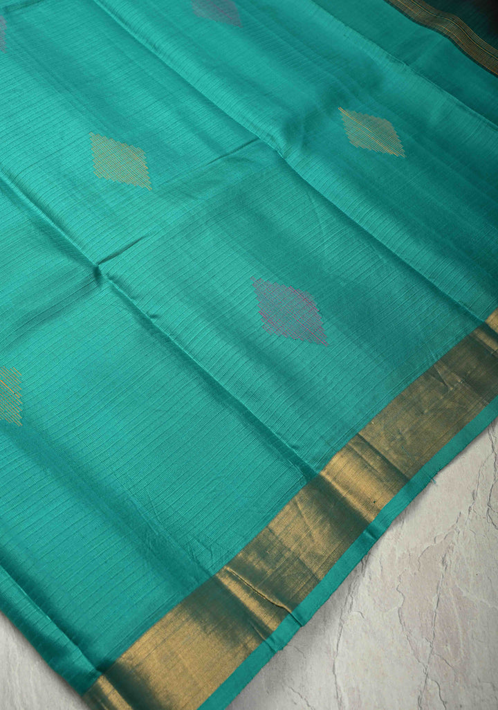 Sea Green Handloom Pure Silk Saree With Meenakari Thread Buttas and Zari Border | SILK MARK CERTIFIED