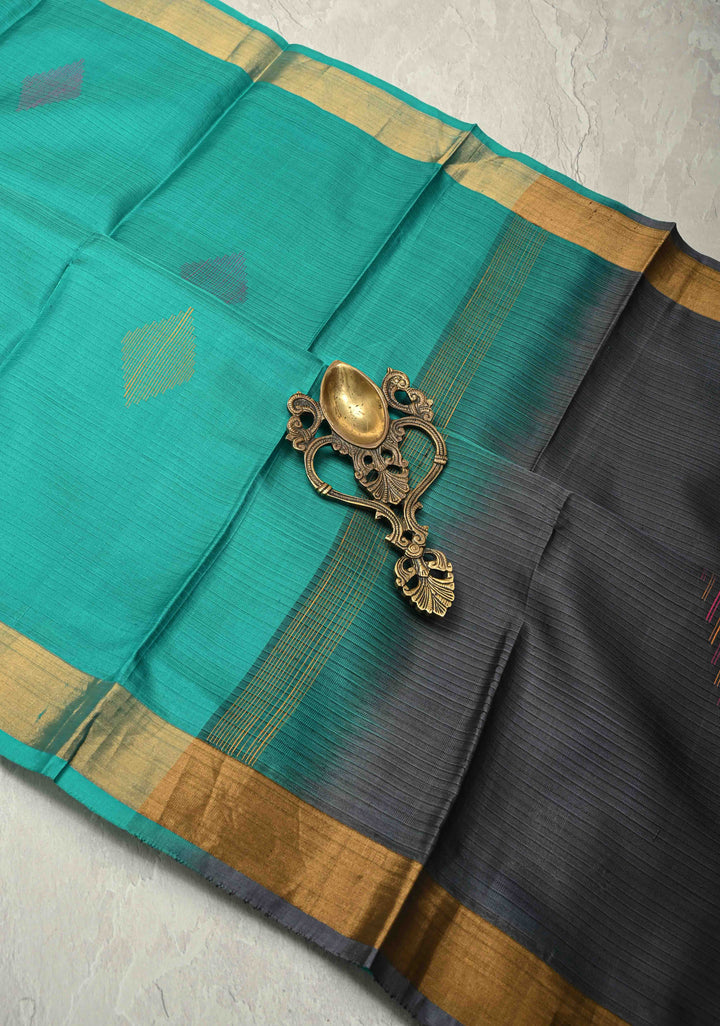 Sea Green Handloom Pure Silk Saree With Meenakari Thread Buttas and Zari Border | SILK MARK CERTIFIED
