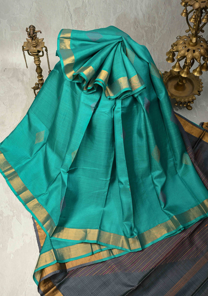 Sea Green Handloom Pure Silk Saree With Meenakari Thread Buttas and Zari Border | SILK MARK CERTIFIED
