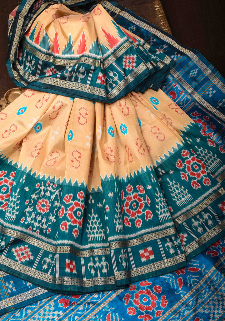 Beige Handloom Sambalpuri Ikkat Silk Saree with Contrast Border, No Blouse Piece | SILK MARK CERTIFIED
