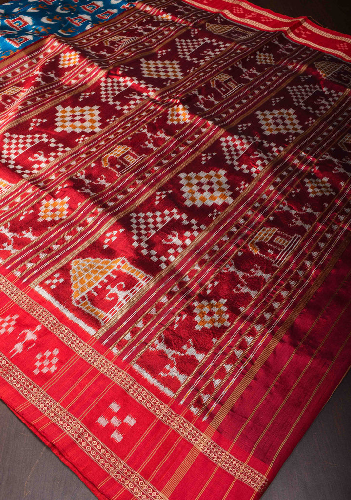 Blue Handloom Sambalpuri Ikkat Silk Saree with Dolabedi Weave and Contrast Border and Pallu, No Blouse Piece | SILK MARK CERTIFIED