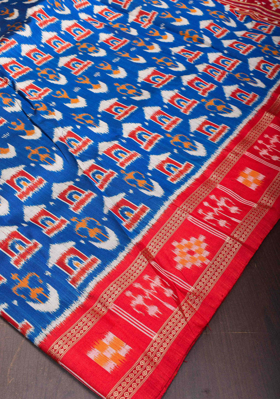 Blue Handloom Sambalpuri Ikkat Silk Saree with Dolabedi Weave and Contrast Border and Pallu, No Blouse Piece | SILK MARK CERTIFIED