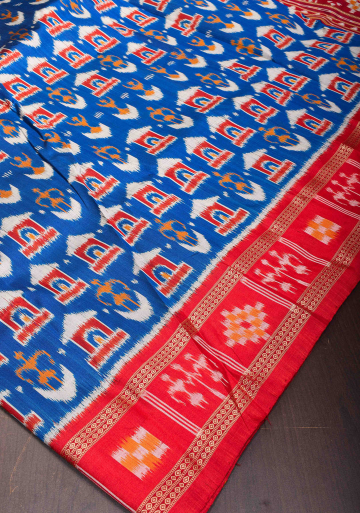 Blue Handloom Sambalpuri Ikkat Silk Saree with Dolabedi Weave and Contrast Border and Pallu, No Blouse Piece | SILK MARK CERTIFIED