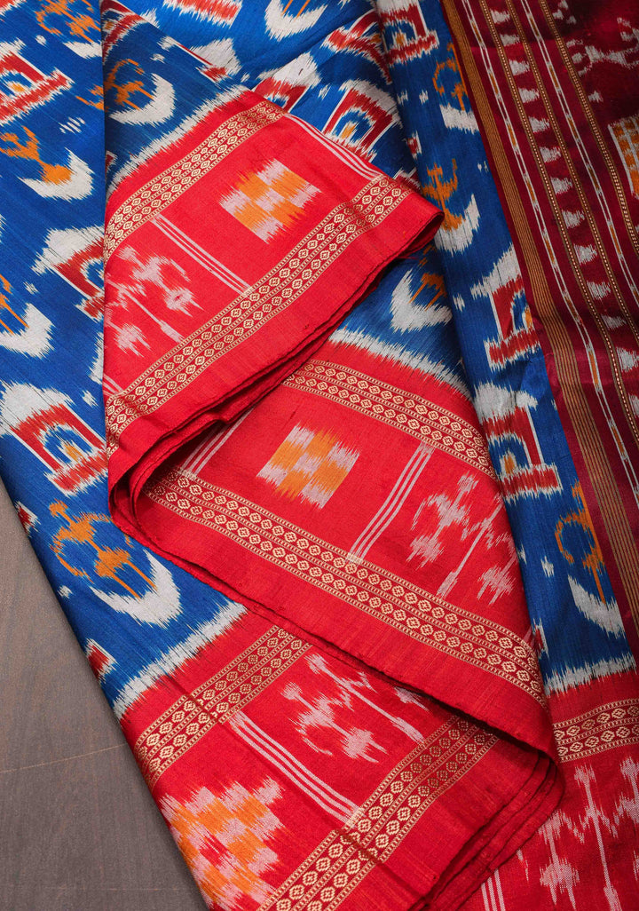 Blue Handloom Sambalpuri Ikkat Silk Saree with Dolabedi Weave and Contrast Border and Pallu, No Blouse Piece | SILK MARK CERTIFIED